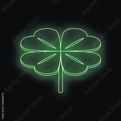 Neon green four leaf clover shining brightly against a dark backdrop, representing good fortune and luck