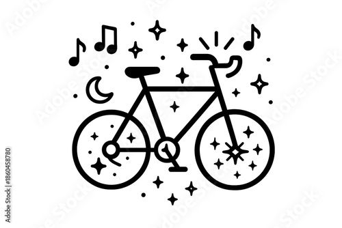 Starry Bike Tune Icons. Line style icons of Starry Bike Tune: bicycle pedals turning into moons, floating music symbols, glowing