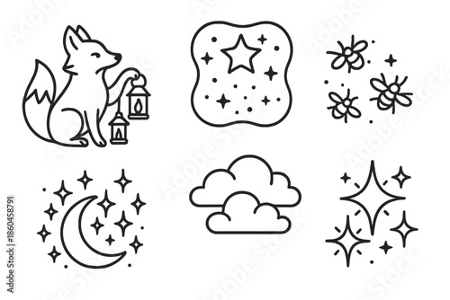 Celestial Forest Icons. Line style icons of Celestial Forest: fox with lanterns, starry sky, glowing fireflies, floating clouds,