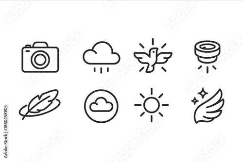 Cloud Capture Icons. Line style icons of Cloud Capture: camera, floating cloud, glowing bird, levitating lens, orbiting feather,