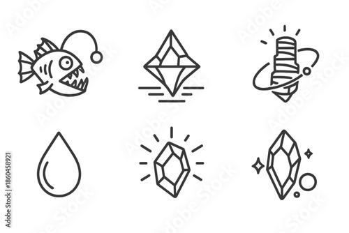 Crystal Depths Icons. Line style icons of Crystal Depths: lanternfish, floating geometric peak, glowing spiral staircase, orbiting