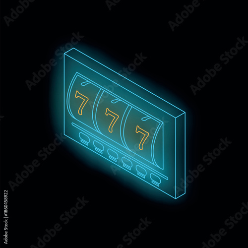 Isometric glowing blue neon slot machine showing triple seven jackpot combination on black background