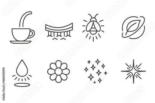 Magical Line Icons. Line style icons of Magical Pour: teacup, floating bridge, glowing bug, orbiting leaf, levitating droplet,