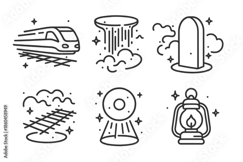 Luminous Spectral Adventure. Line style icons of Luminous Tracks: spectral train, floating neon waterfall, glowing monolith,