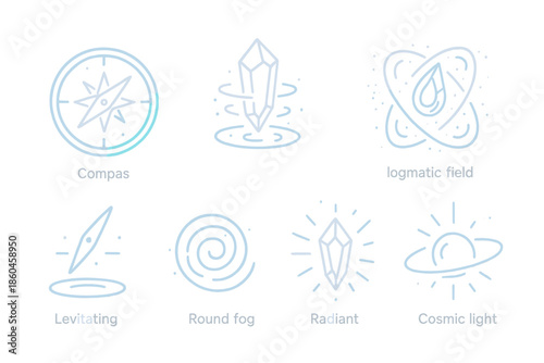 Holographic Compass Illumination. Line style icons of Compass Glow: holographic compass, floating crystal fog, glowing magnetic