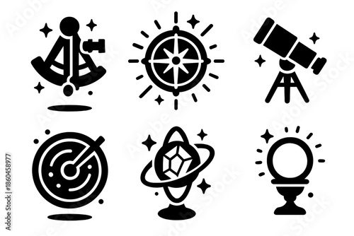 Enchanted Instrument Icons. Solid style icons of enchanted instruments in : levitating sextant, radiant astrolabe, shimmering