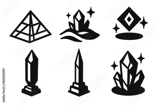 Crystalline Architecture Icons. Solid style icons of crystalline architecture in : glass pyramid, shimmering sand, hovering glyph,