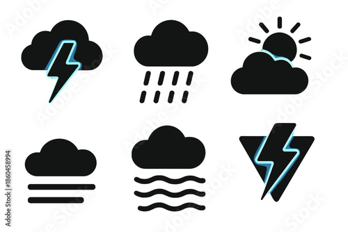 Luminous Weather Icons. Solid style icons of luminous weather phenomena in : lightning storm, neon rain, radiant thundercloud,