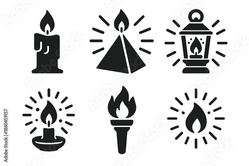 Mystical Illumination Icons. Solid style icons of mystical illumination in : candle, prism wick, glowing lantern, radiant torch,