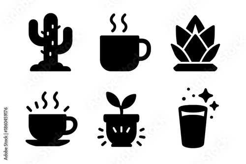 Cozy Desert Icons. Solid style icons of cozy desert scenes in : cactus, mug, prism succulent, glowing teacup, radiant pot,