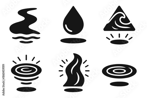 Levitating Water Icons. Solid style icons of levitating water elements in : floating river, hovering droplet, prism wave, radiant