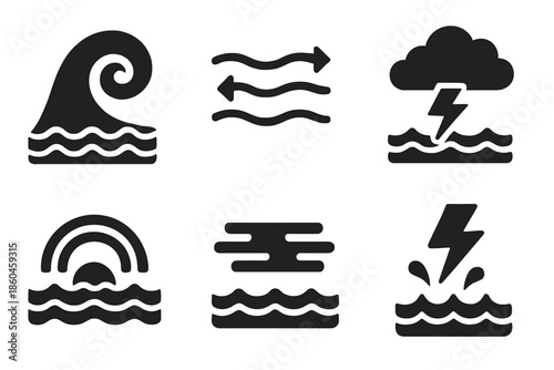 Solid Ocean Phenomena Icons. Solid style icons of ocean phenomena: wave whirlpool, tide current, storm cloud, rainbow sunset, fog
