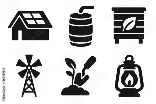 Self-Sufficient Living Icons. Solid style icons of self-sufficient living: solar panel roof, rain barrel spout, compost bin leaf,