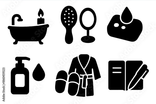 Self-Care Icons. Solid style icons of self-care routines: bath tub candle, brush mirror, soap droplet, lotion bottle, slippers