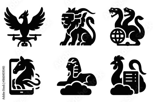 Hybrid Creature Icons. Solid style icons of hybrid creatures: phoenix drone, chimera VR, hydra network, basilisk server, kelpie