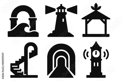 Expressive Architectural Icons. Solid style icons of expressive structures: arch wave, lighthouse beacon, pavilion leaf, staircase
