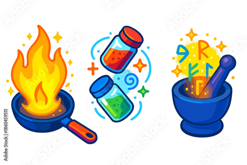 Magical Culinary Creations. Isometric vector illustration set Culinary Recipes as Magic Spells: frying pan with enchanted flames,