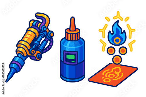 Biomechanical Tattoo Tools. Isometric vector illustration set Bio-Mechanical Tattoo Artist Tools: tattoo machine integrated with