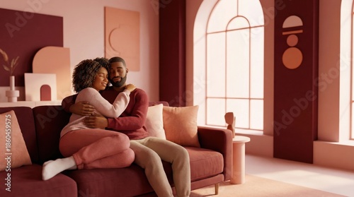 Couple embracing on a cozy sofa in a warmly lit living room with large arched windows