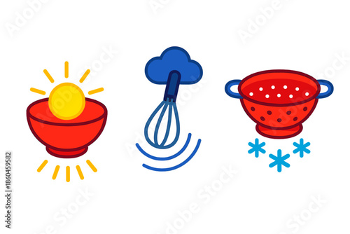 Weather-Inspired Kitchen Art. Isometric vector illustration set Kitchen Utensils Forecasting Tomorrow's Weather: mixing bowl