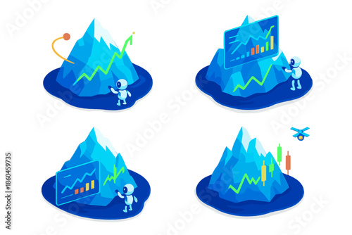 Glaciers Predicting Markets. Isometric vector illustration set Glacier movements predicting stock markets: floating glacier peaks