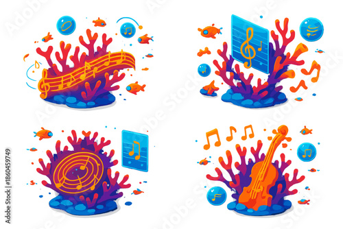 Coral Reef Symphony. Isometric vector illustration set Coral reefs encoding classical music: floating coral clusters forming