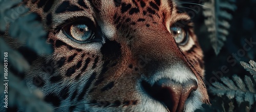 Close-up of a jaguar's face, partially obscured by green foliage, intense gaze