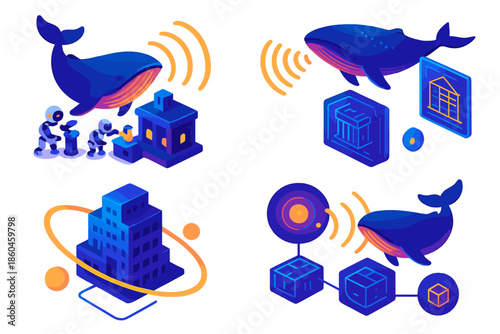 Floating Whales and Orbs. Isometric vector illustration set Whale songs designing architecture: floating whales producing luminous