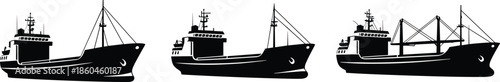 Black silhouette vector illustration set of industrial cargo ships, freight vessels, and merchant boats for maritime transport and global logistics.