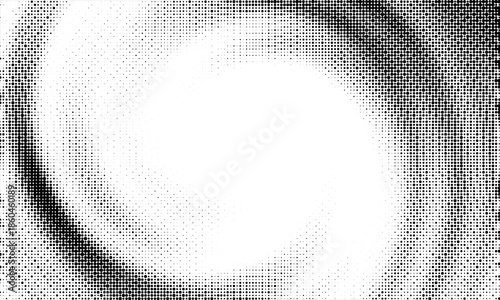Radial halftone spotted gradient background. Dotted stains concentric texture with fading effect. Black and white circle shade wallpaper. Grunge rough vector. Monochrome geometric backdrop.