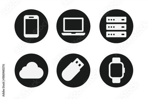 Tech Icons Collection. Solid style round vector icons of technology: smartphone, laptop, server, cloud, usb drive, smartwatch No