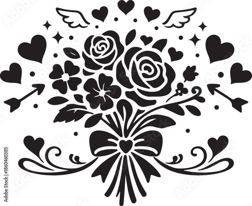 Floral Love Bouquet Icon with Roses, Romantic Wedding and Valentine Symbol