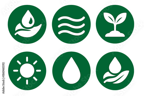 Natural Energy Icons. Solid style round vector icons of natural energy: drop on leaf, breeze line, green sprout, sunshine glow,