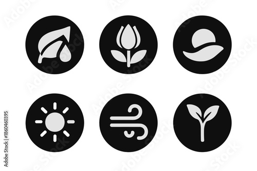 Nature Freshness Icons. Solid style round vector icons of nature freshness: leaf with drop, flower bud, morning dew, sunshine,