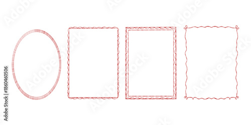 A set of hand-drawn whimsical vector frames. A collection of linear red vintage frames. Rectangular and oval frames. Monochrome vector illustration