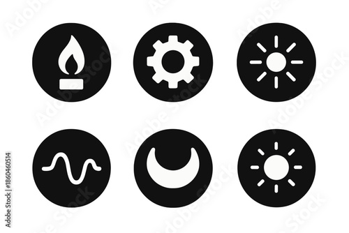 Icons of Inspiration. Solid style round vector icons of inspiration and creation: candle flame, mechanical gear, radiant core,