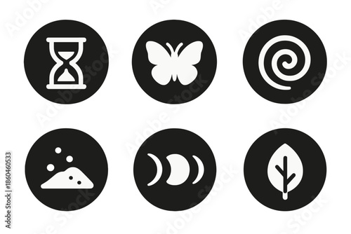 Time and Transformation Icons. Solid style round vector icons of time and transformation: hourglass, butterfly, spiral, sand, moon