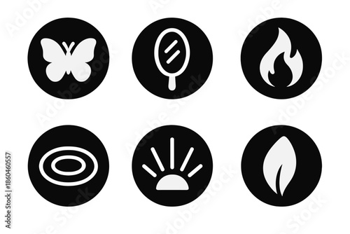 Metamorphosis Symbols. Solid style round vector icons of metamorphosis and purity: butterfly, mirror, flame, water ripple, light