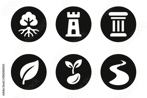Icons of Stability. Solid style round vector icons of stability and growth: tree roots, tower, pillar, leaf, seed, path No text,