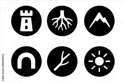 Depth and Elevation Icons. Solid style round vector icons of depth and elevation: tower, roots, mountain peak, tunnel, branch, sun