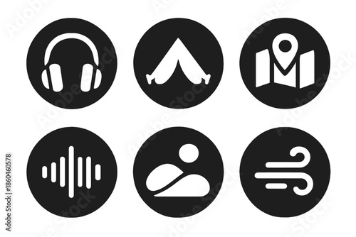 Travel Sound Icons. Solid style round vector icons of travel and sound: headphones, tent, map, soundwave, hill, breeze No text, No