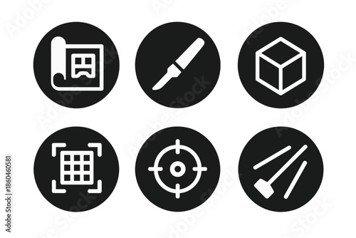 Future Planning Icons. Solid style round vector icons of future planning: blueprint, scalpel, 3D model, scan grid, focus lens,