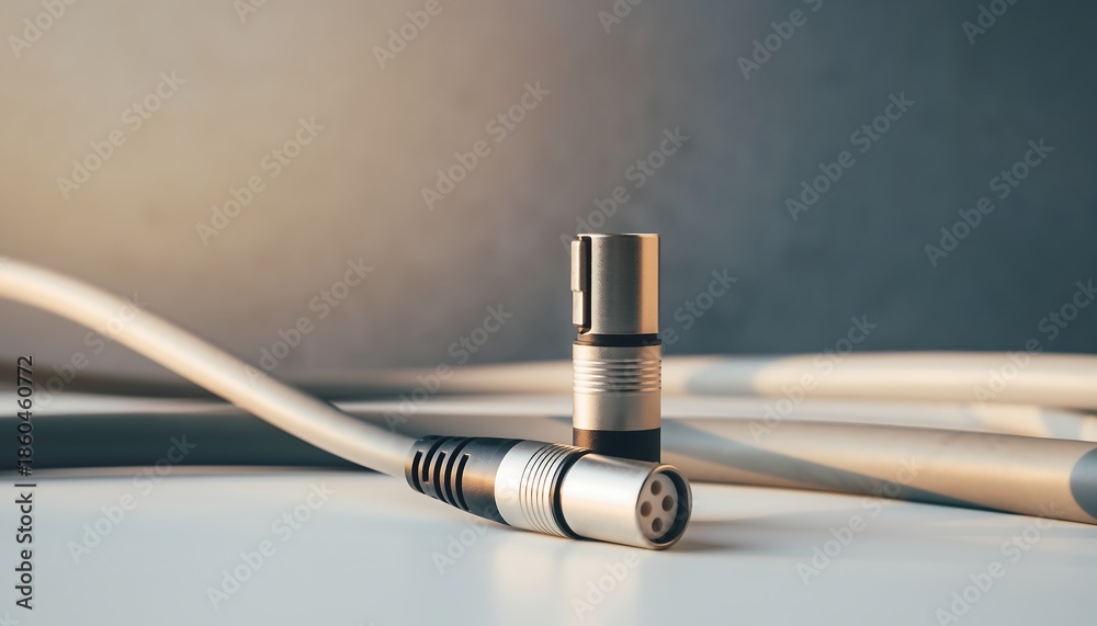 Obraz premium Close-up of an XLR connector and cable on a white surface, ready for audio connection.