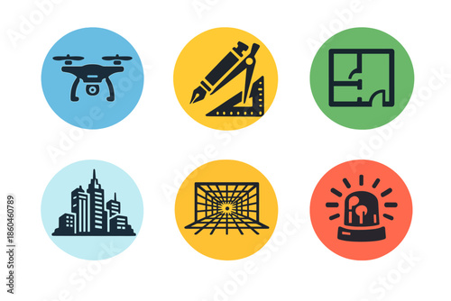 Architectural Design Icons. Solid style round vector icons of architectural innovation: drone, drafting pen, floor plan, skyline,