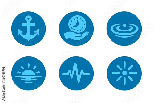 Endurance and Calm Icons. Solid style round vector icons of endurance and calm: anchor, clock hand, ripple, horizon arc, pulse,