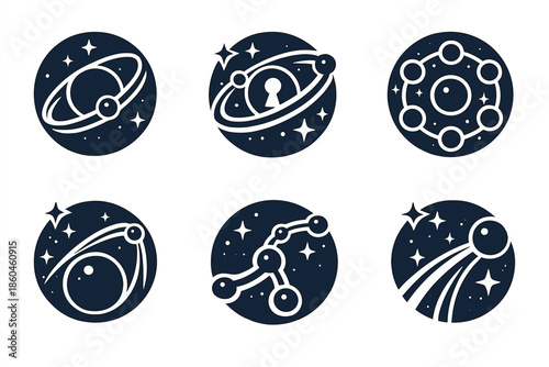 Spatial Connection Icons. Solid style round vector icons of spatial connection: orbit, keyhole, node ring, gravity arc, data path,