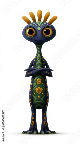 Cartoon character with distinctive markings and large eyes, arms crossed, standing on a white background.