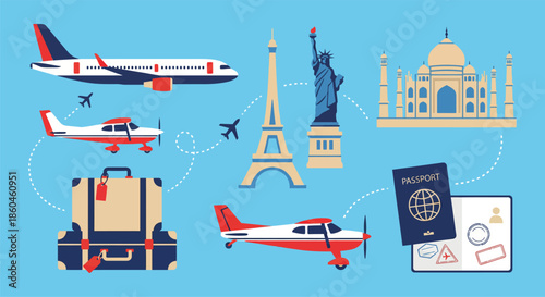 World travel concept with airplane luggage and famous landmarks eiffel tower statue of liberty taj mahal for international tourism vacation holiday trip adventure.