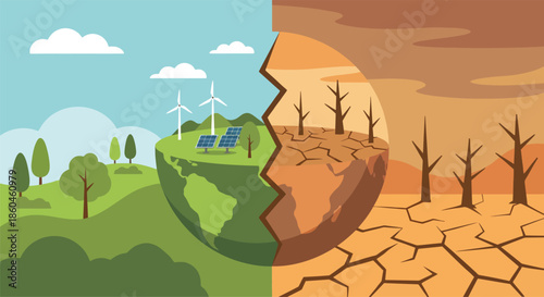 Contrasting green sustainable future with renewable energy vs dry polluted desert planet showing climate change global warming environmental disaster concept on split earth globe.