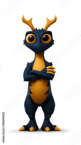 Stylized cartoon character with arms crossed, featuring a blue and gold color scheme against a pristine white background.